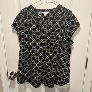 Croft & Barrow Womens Blouse Geometric Pleated Shoulder Black White XXL